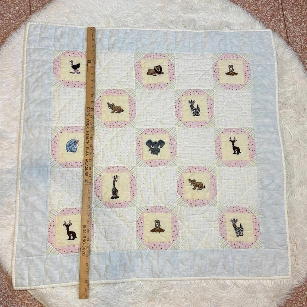 Handmade Patchwork Baby Quilt Embroidered Animal Cotton Flannel 35” x 35”
